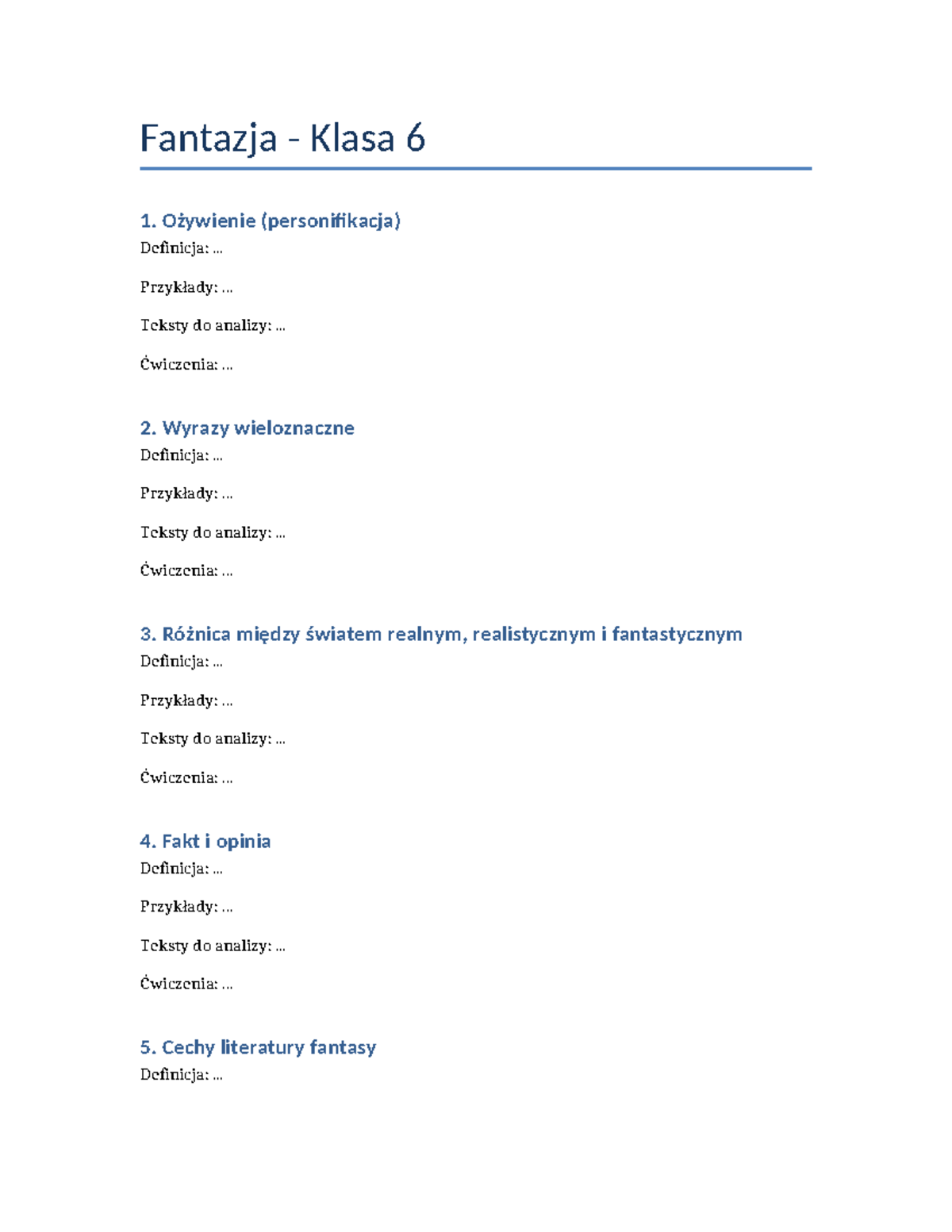 Fantazja Klasa 6 - Analiza i Ćwiczenia z Literatury - Studocu