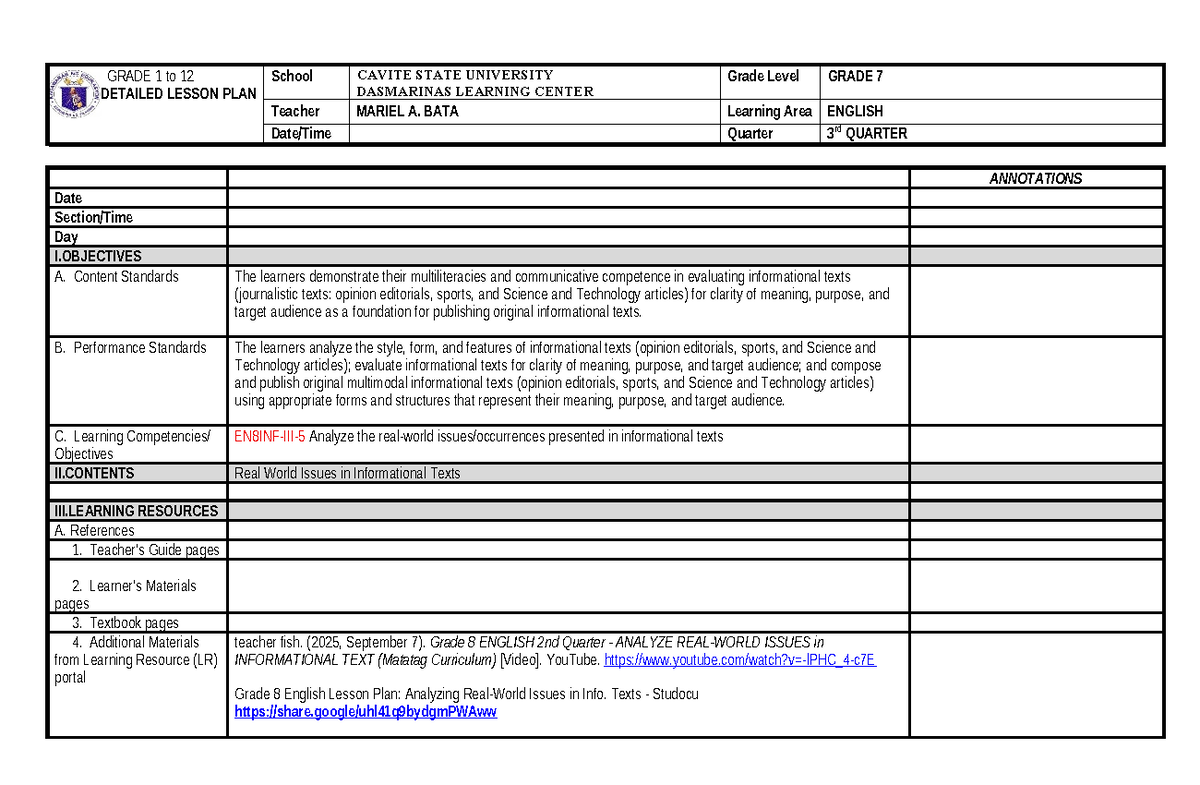Grade 7 English Lesson Plan: Analyzing Informational Texts - Studocu