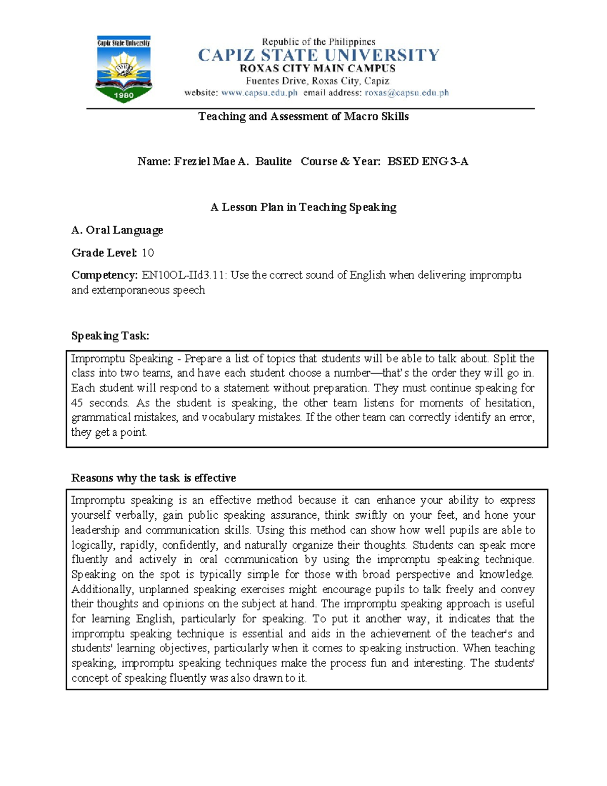 BSED ENG 3-A: Lesson Plan on Impromptu Speaking for Grade 10 - Studocu