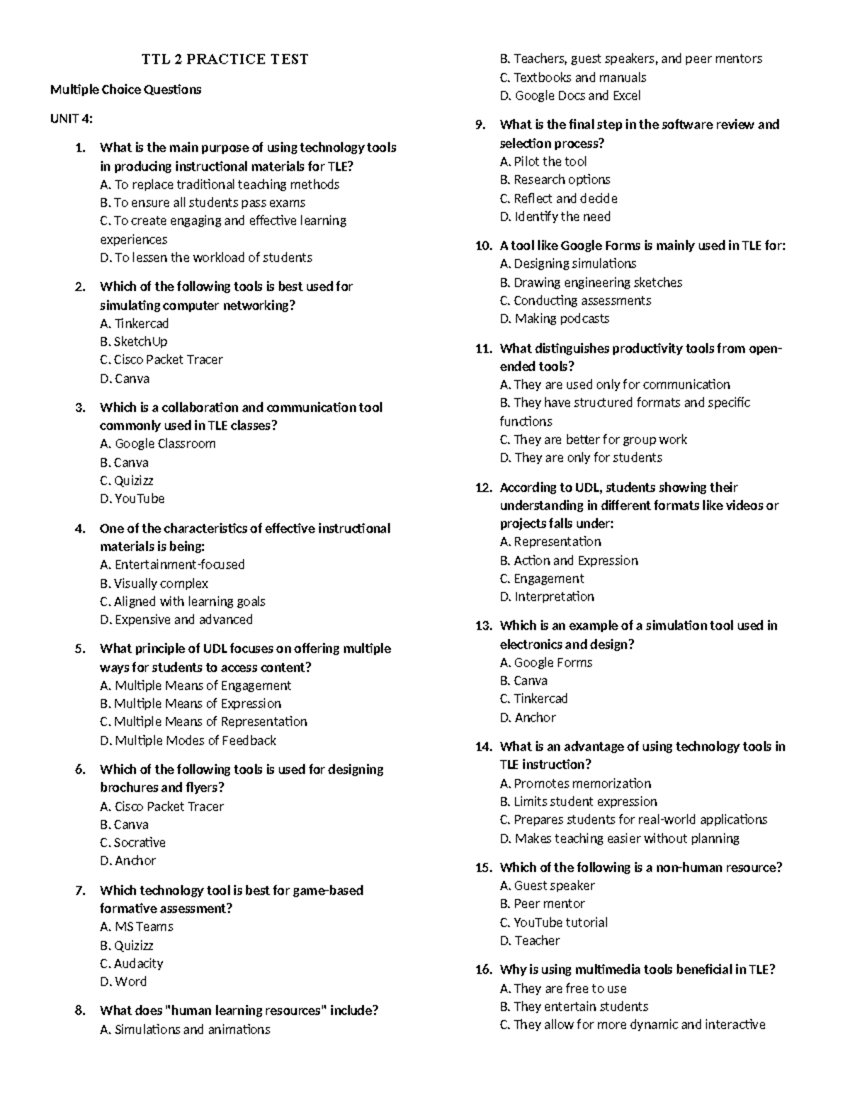 TTL 2 Practice Test: Technology Tools in TLE Instruction - Studocu