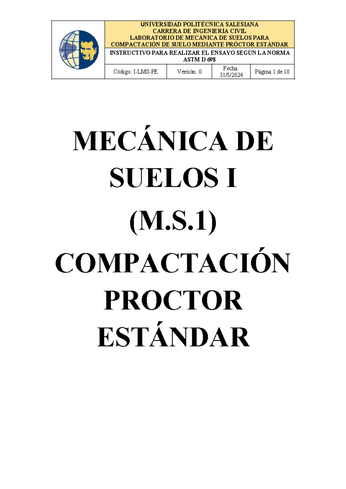 Ensayo Proctor Estándar (M.S.1) - Instructivo ASTM D 698 - Studocu