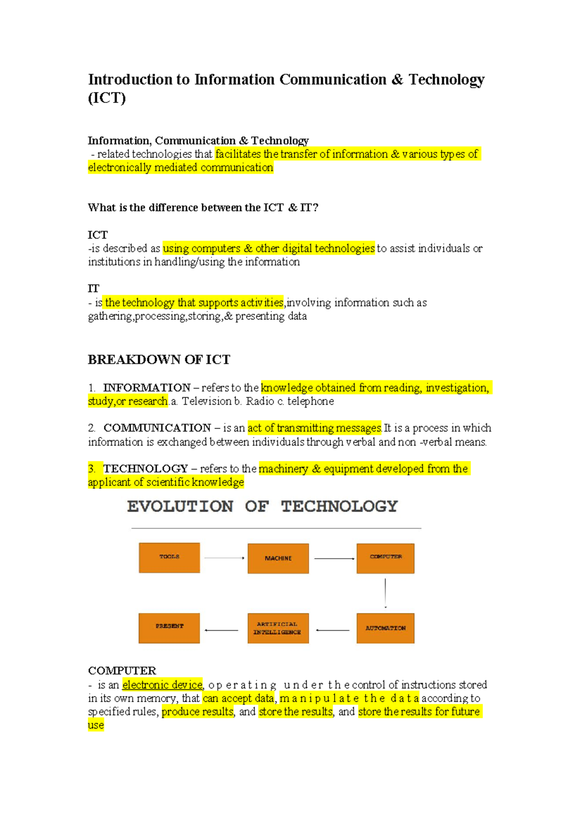 Introduction to ICT: Concepts and History - Studocu