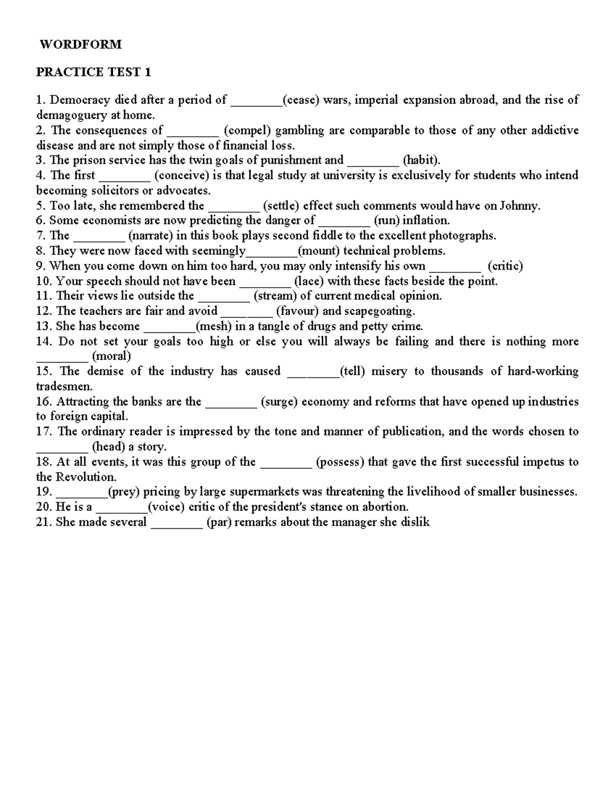 WORDFORM PRACTICE TEST 1: Keyword Transformations and Exercises - Studocu