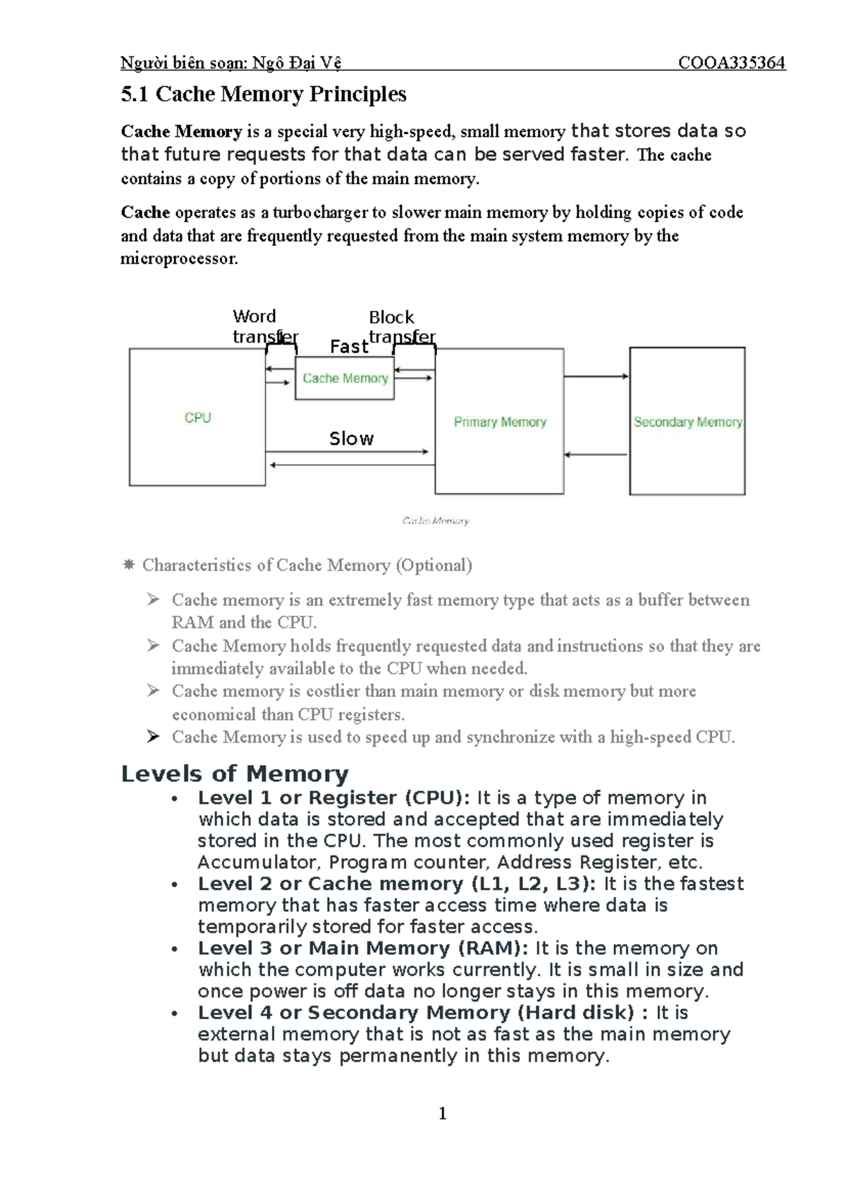 COOA335364 Cache Memory Principles: Overview and Key Concepts - Studocu