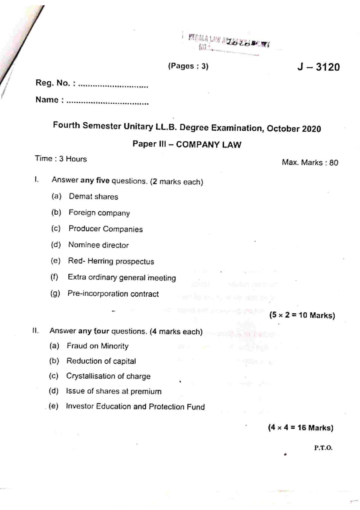 Sem 4, Paper III: Company Law Previous Year Question Papers (2020-2024 ...