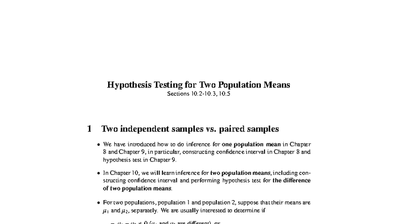 STAT151 Chapter 10 - Hypothesis Testing for Two Population Means - Studocu