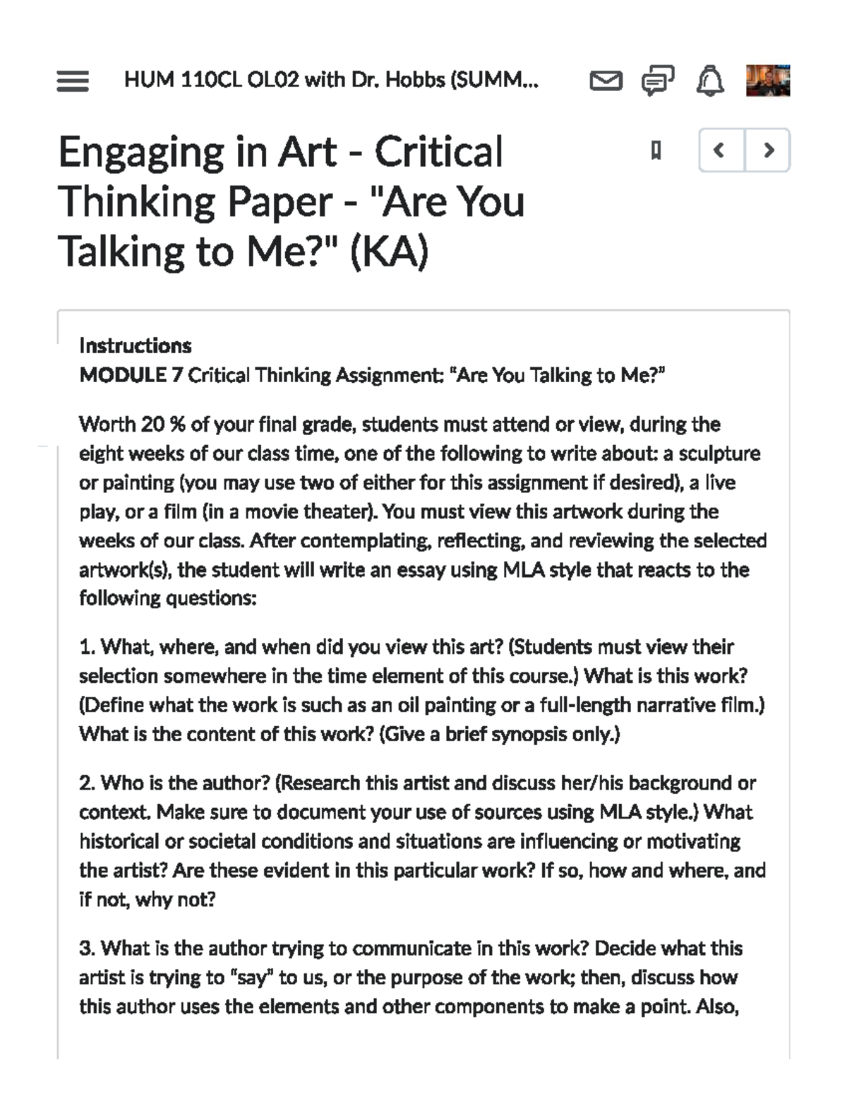 HUM 110CL OL02: Critical Thinking Paper on Art Engagement - Studocu