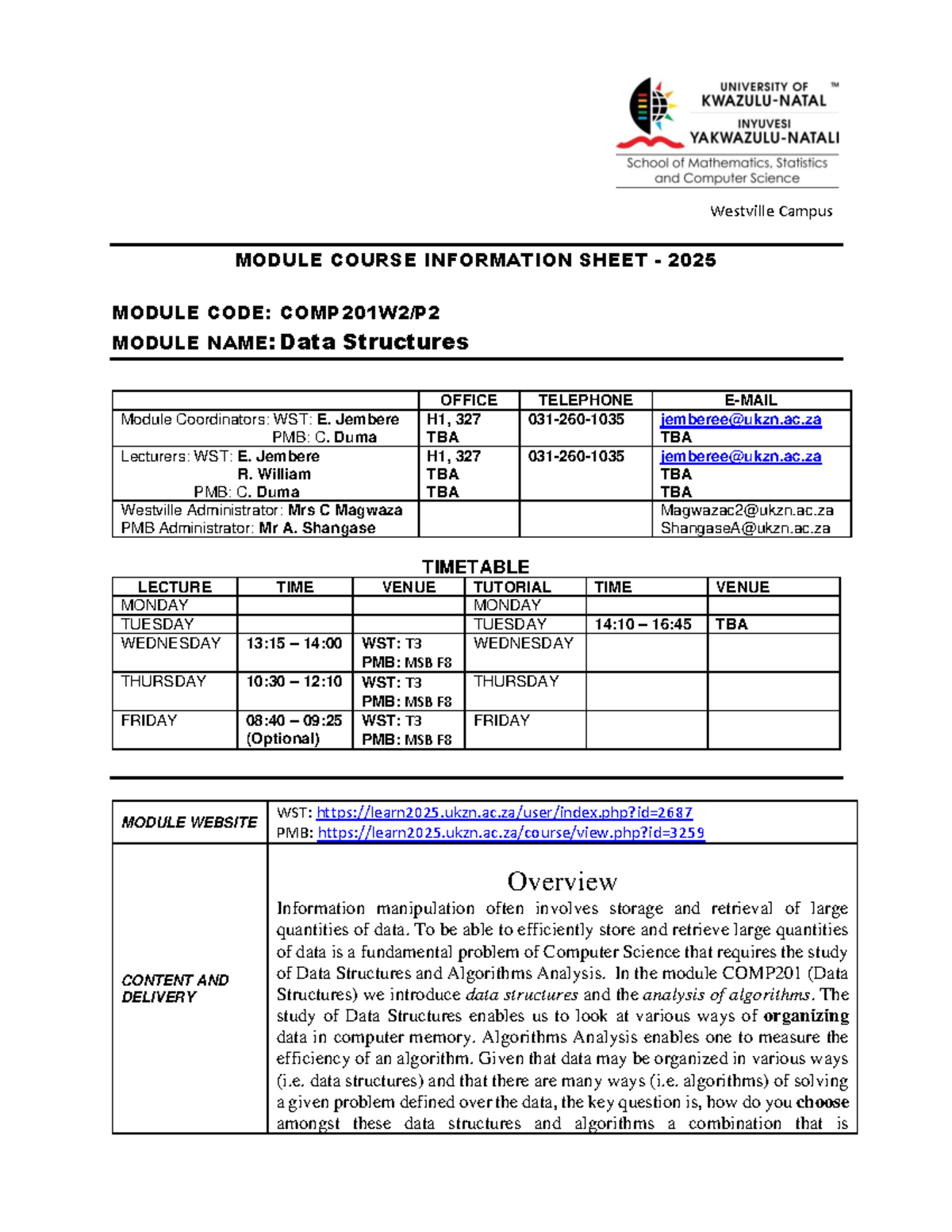 COMP201 Course Outline: Data Structures Module 2025 - Studocu