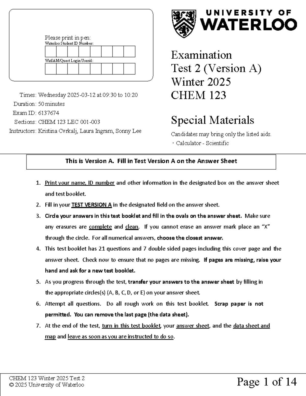 CHEM 123 Winter 2025 Practice Test 2 - Examination Questions and ...