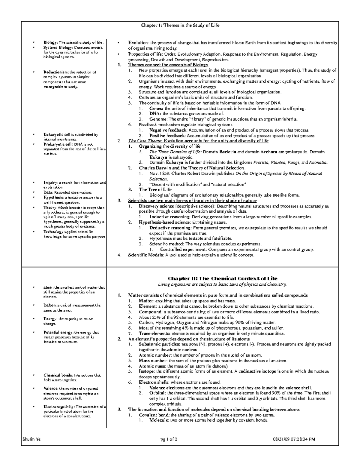 Biology 101: Chapter 1 - Themes in the Study of Life - Studocu