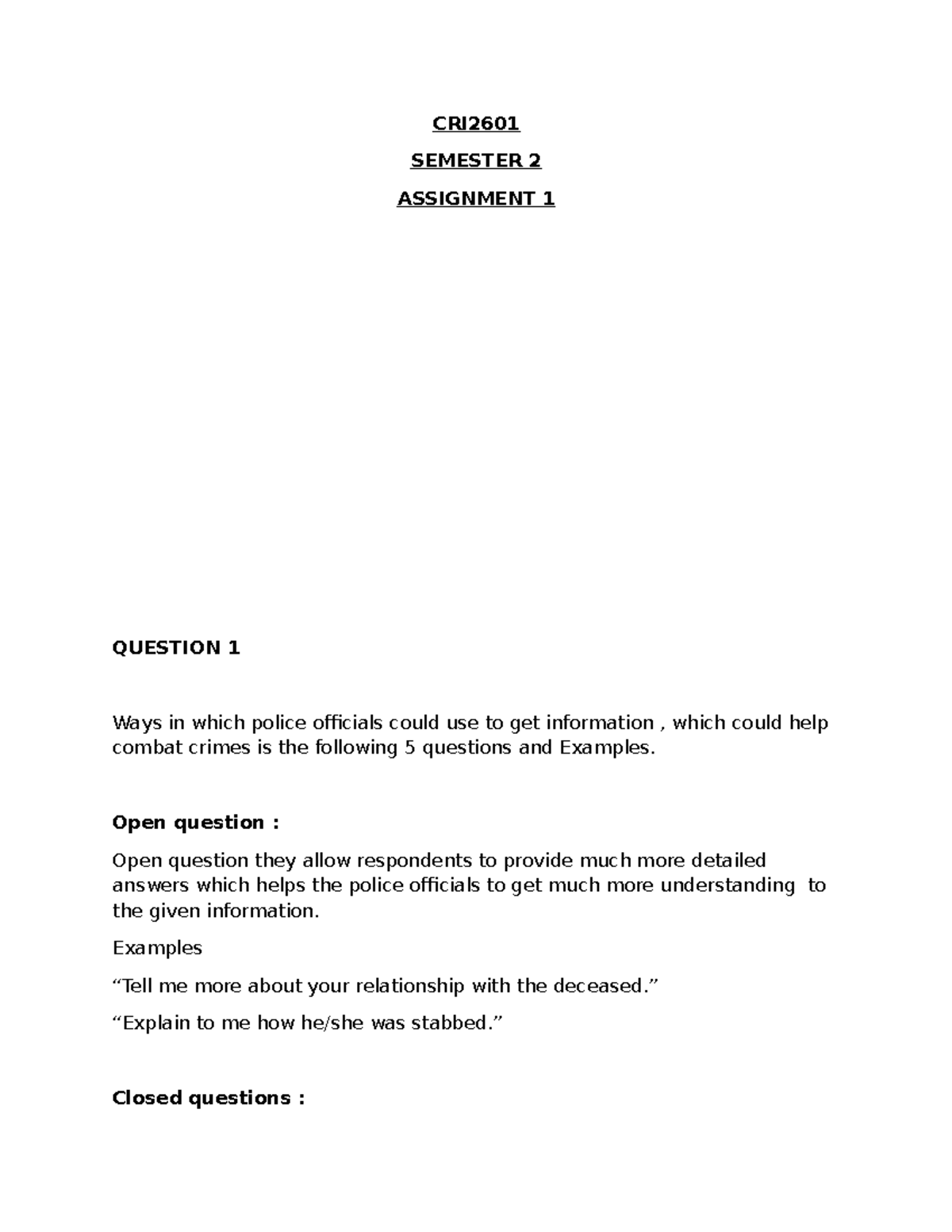 CRI2601 SEMESTER 2 ASSIGNMENT 1: Crime Analysis Methods and Techniques ...