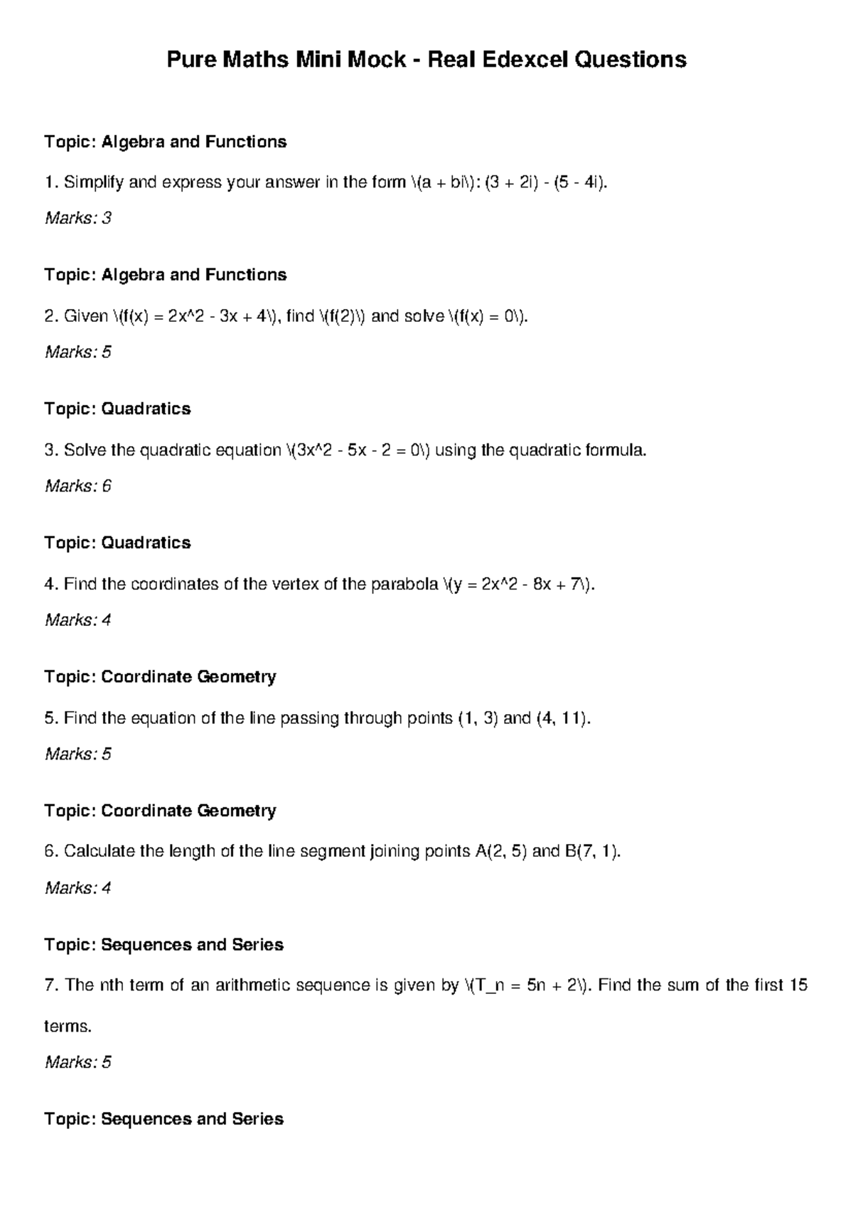 Pure Maths Mini Mock Exam: Edexcel Algebra & Functions - Studocu