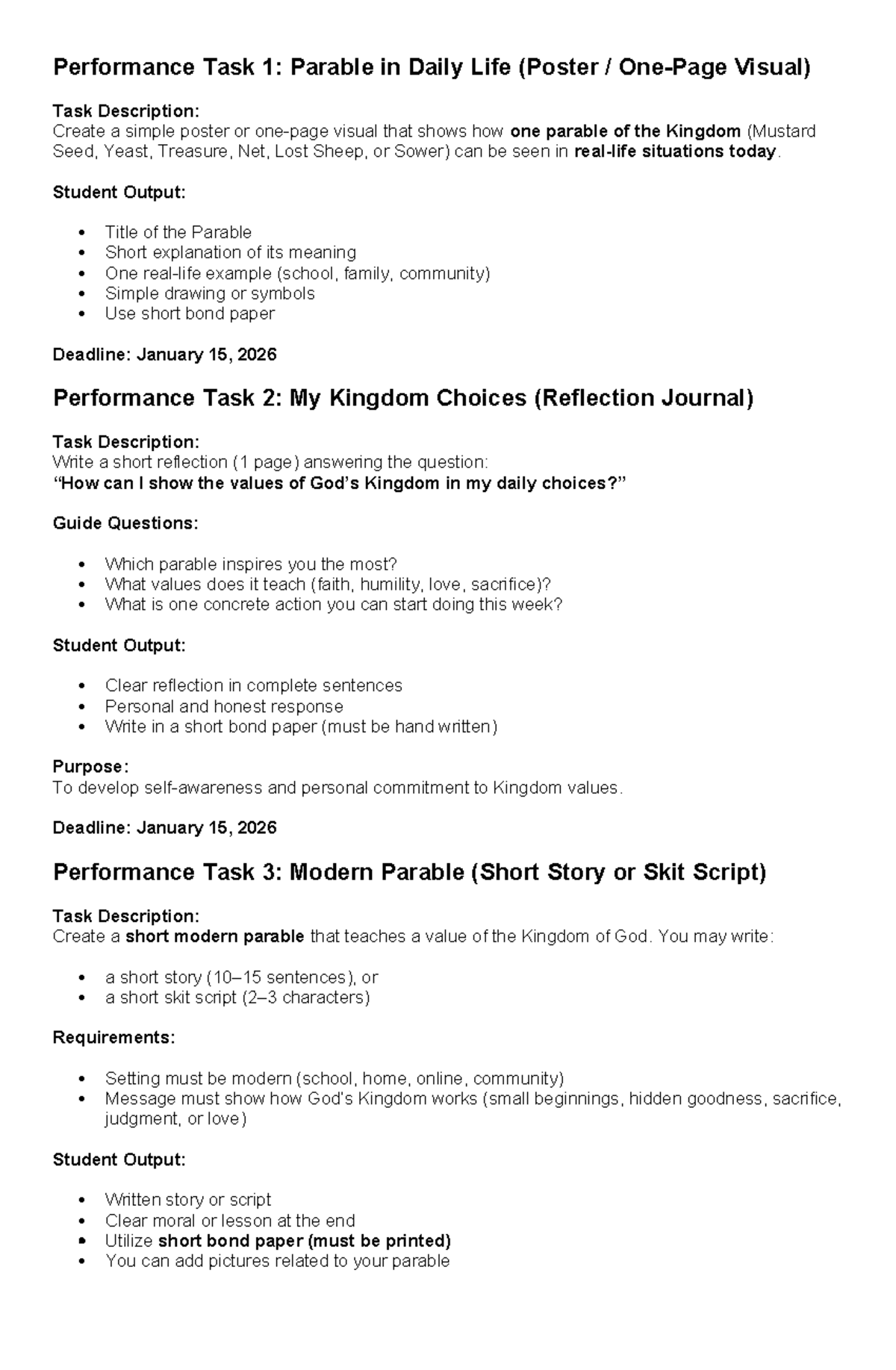 Performance Task 1-3: Exploring Kingdom Values Through Parables - Studocu