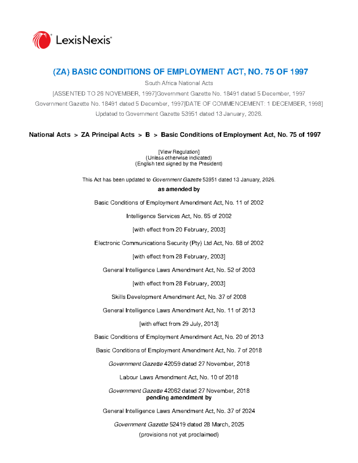 ZA Basic Conditions of Employment Act, No. 75 of 1997 - Updated 2026 ...