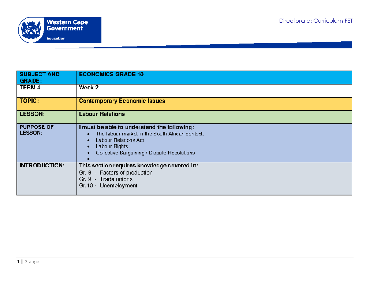 Economics Gr. 10 Term 4 Week 2: Labour Relations & Key Concepts - Studocu