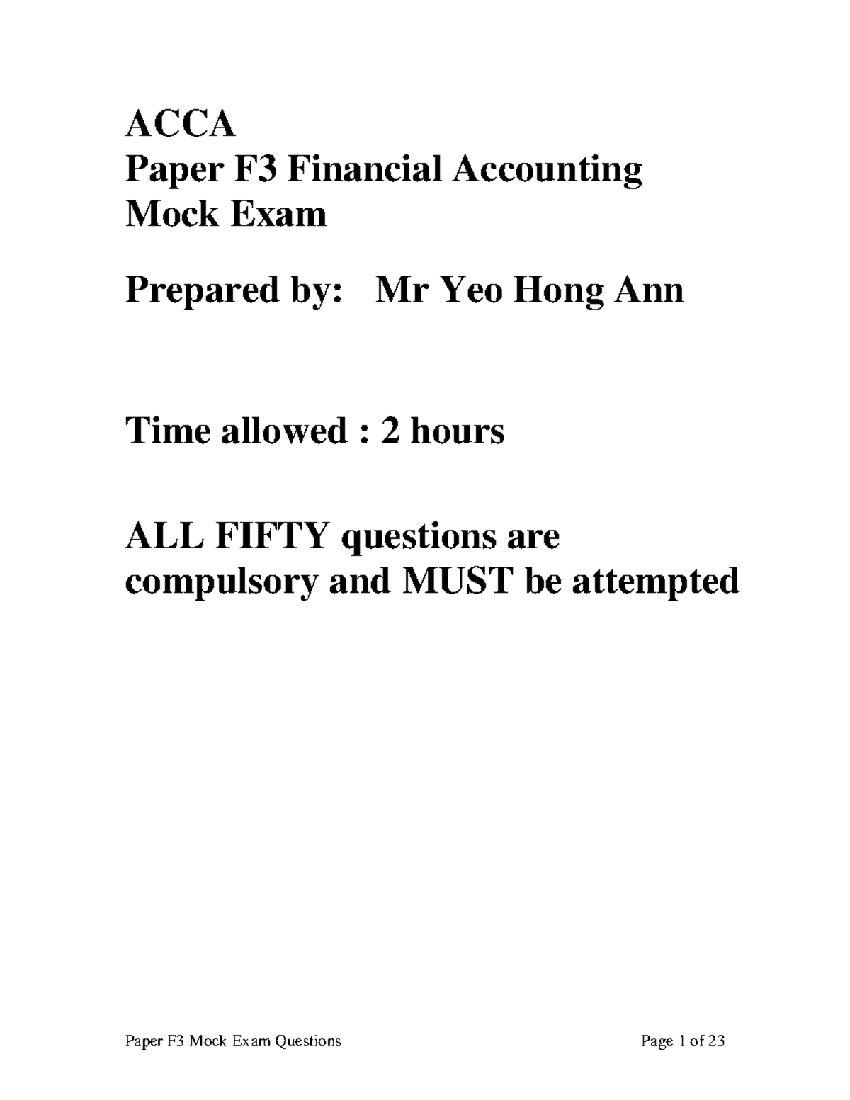 Mock Exam Questions for ACCA F3 Financial Accounting - Studocu