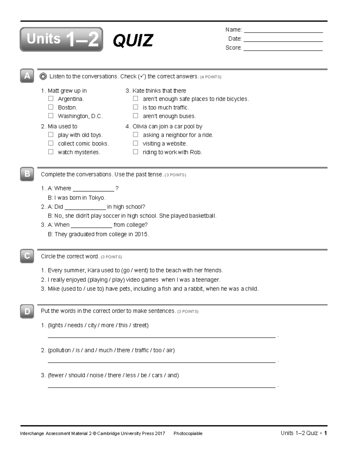IC5 L2 Quiz: Units 1-2 Listening & Grammar Assessment - Studocu