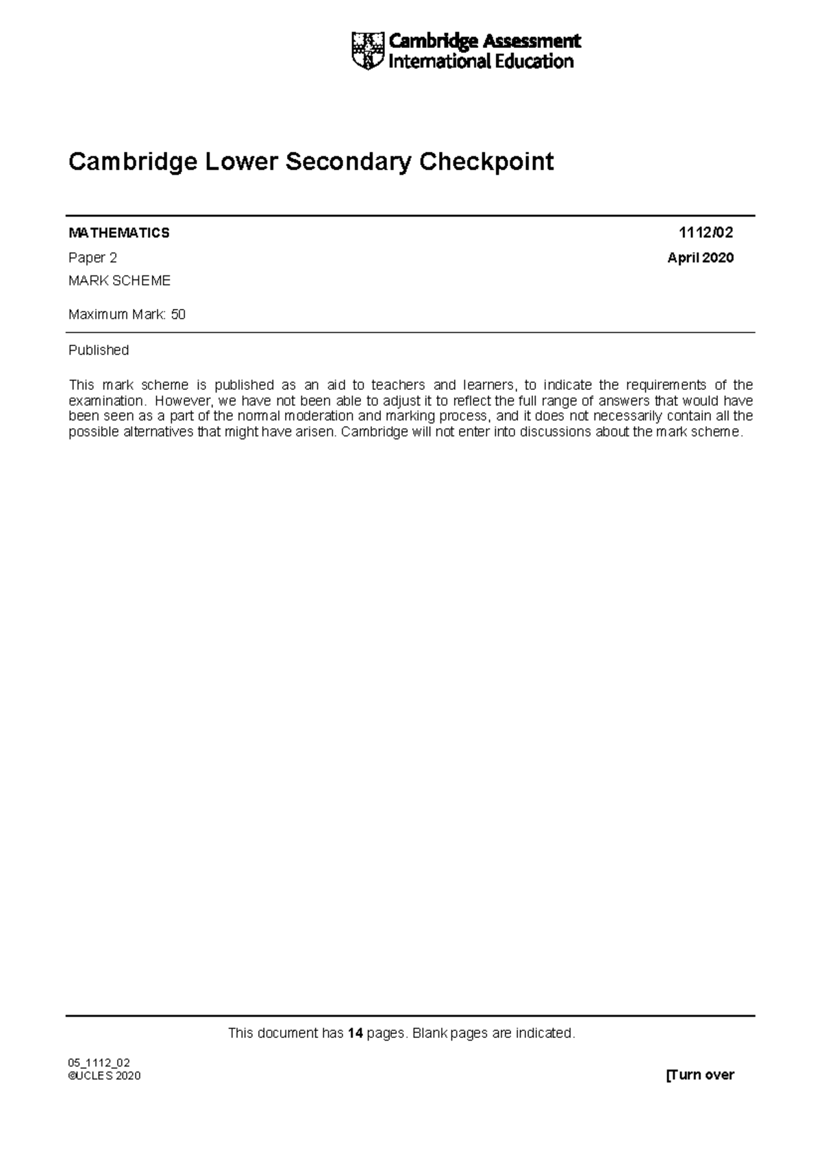 Checkpoint Mathematics ms 2020 Paper - This document has 14 pages ...