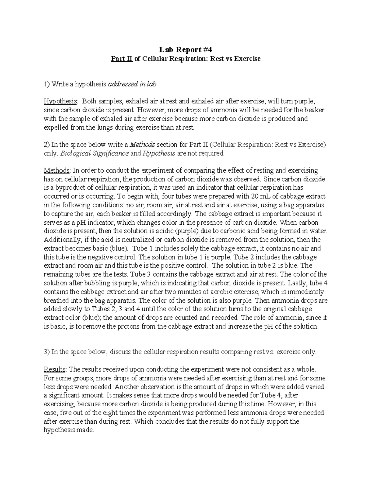 Bio161 Lab Report #4: Cellular Respiration During Rest vs Exercise ...