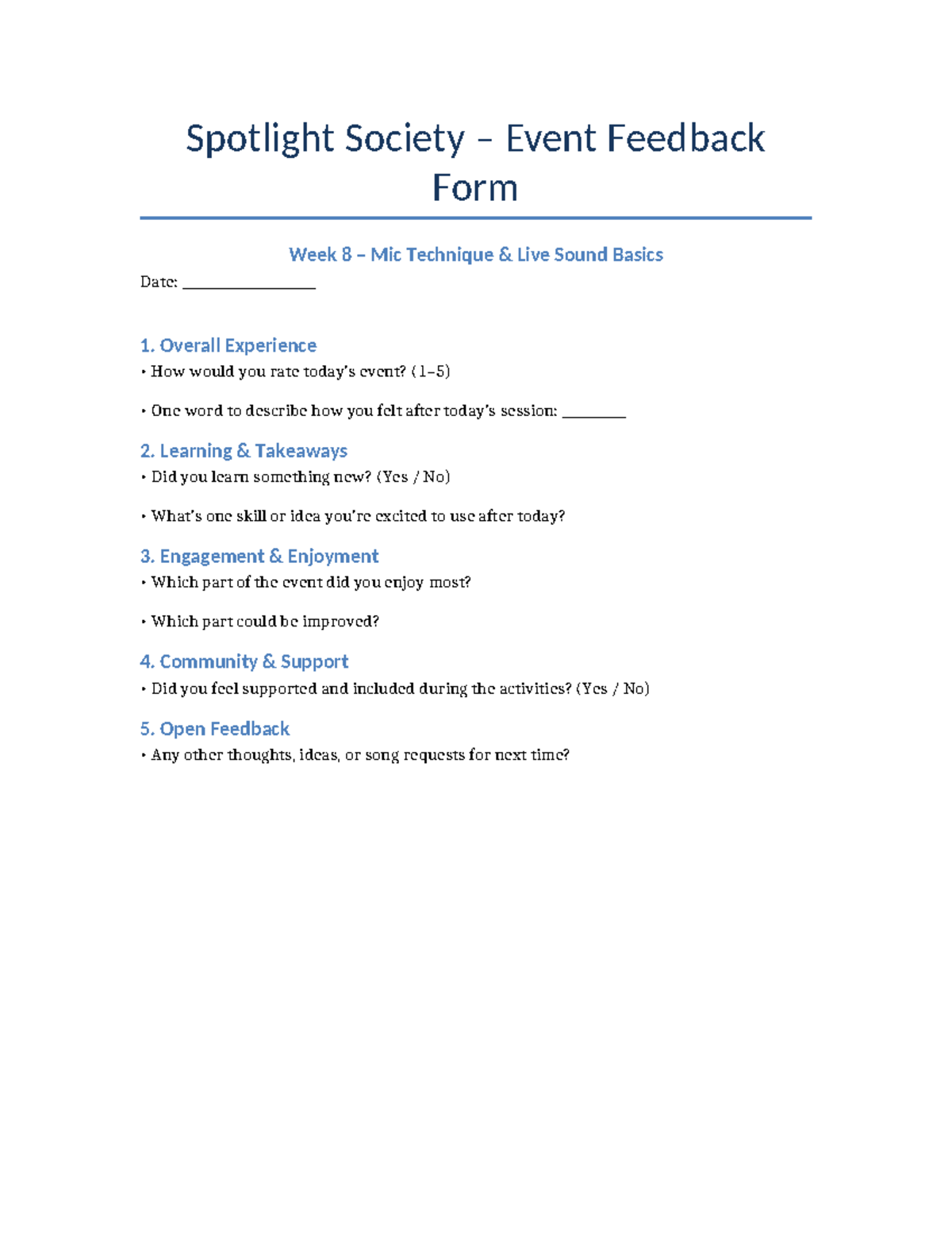 Week 8 - Mic Technique & Live Sound Basics Feedback Form - Spotlight ...