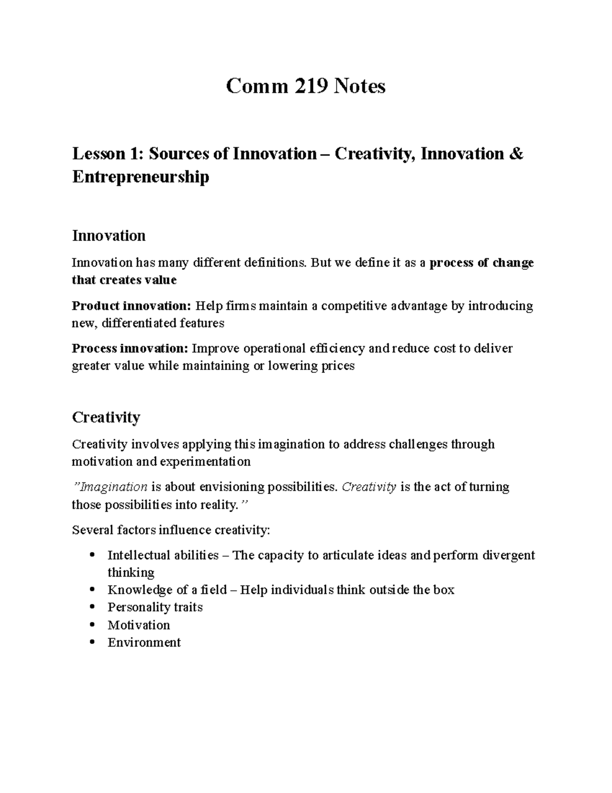 Comm 219 Notes: Lesson 1 - Understanding Innovation and Creativity ...