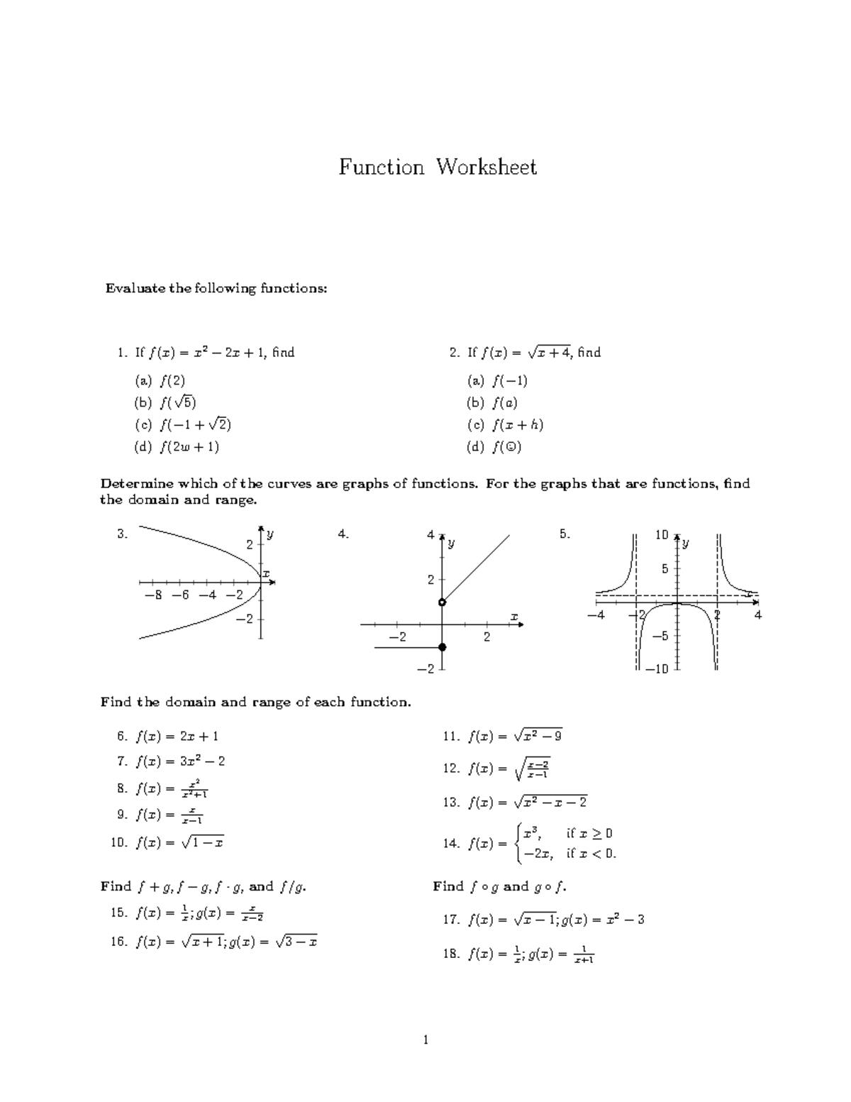 Function Worksheet Questions - Evaluation & Graph Analysis - Studocu