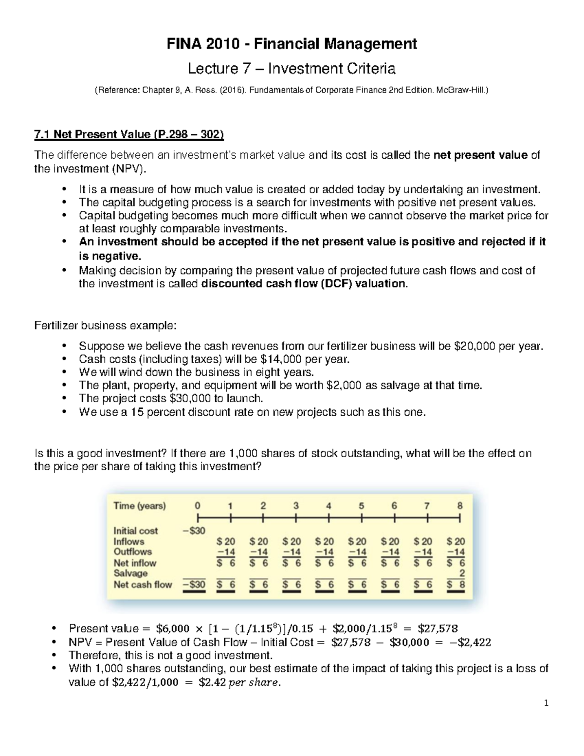 Lecture 7 - notes - FINA 2010 - Financial Management Lecture 7 ...