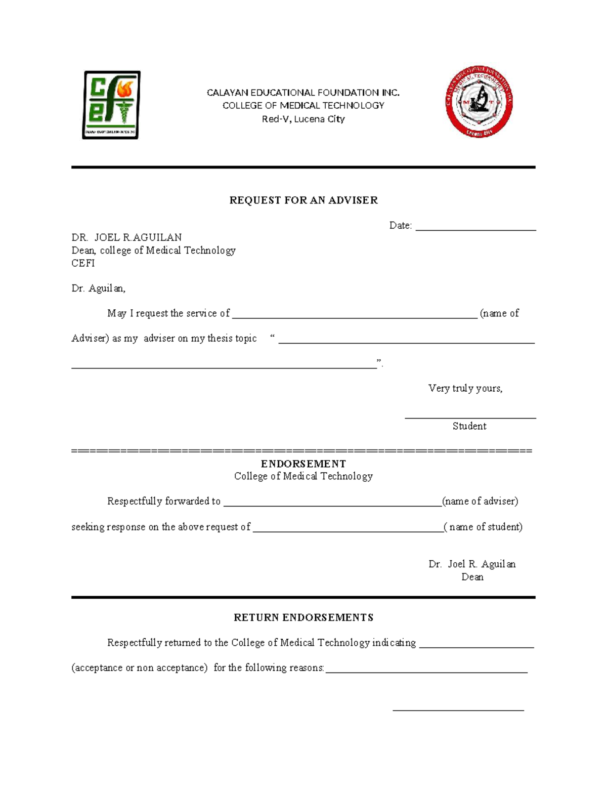 Adviser-request-form - CALAYAN EDUCATIONAL FOUNDATION INC. COLLEGE OF ...