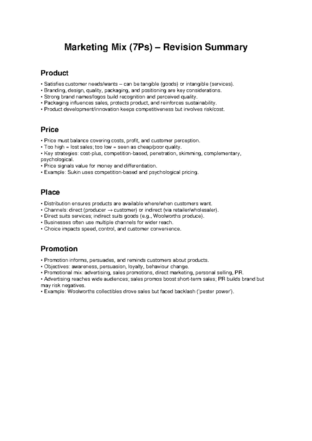 7Ps Marketing Mix Revision Summary - Key Concepts and Strategies - Studocu