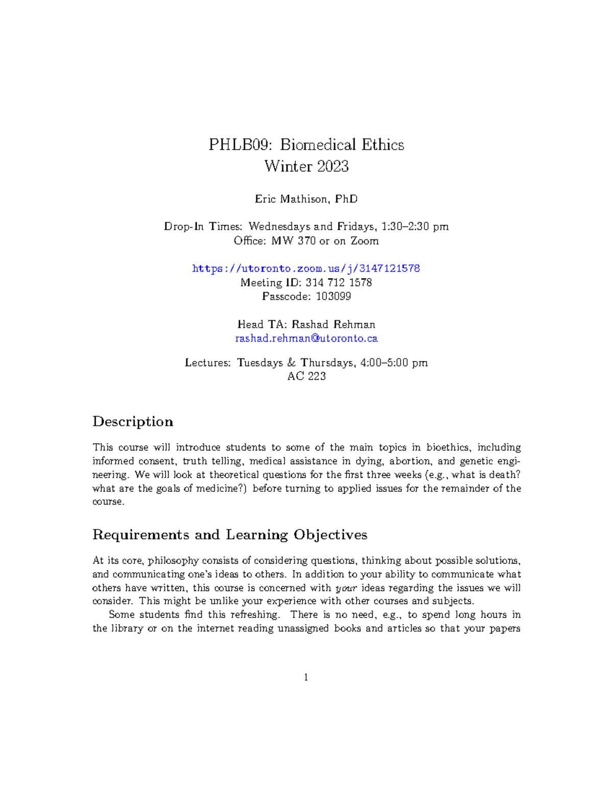 Bioethics-2 - syllabus - PHLB09: Biomedical Ethics Winter 2023 Eric ...