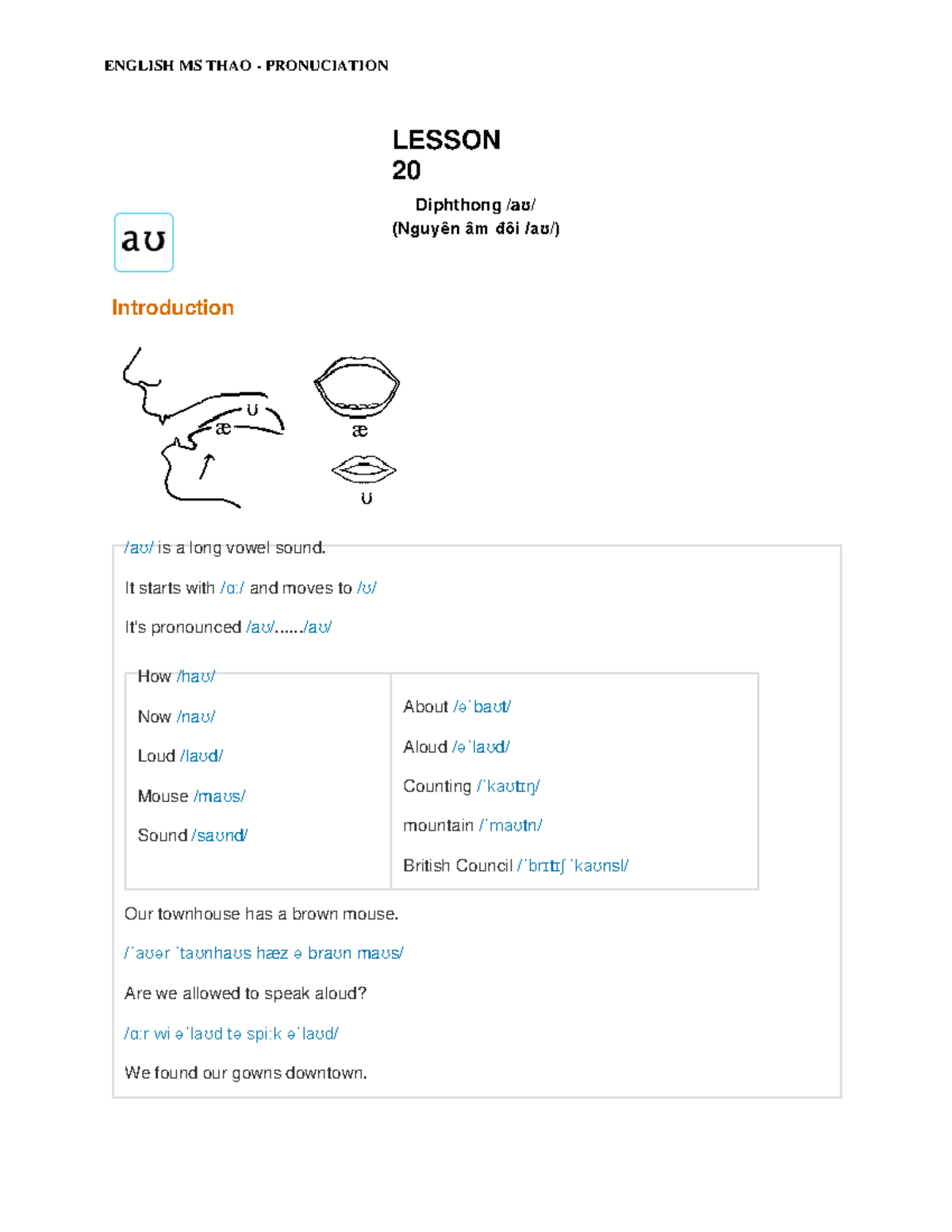 Am aʊ - GOOD - Introduction /aʊ/ is a long vowel sound. It starts with ...