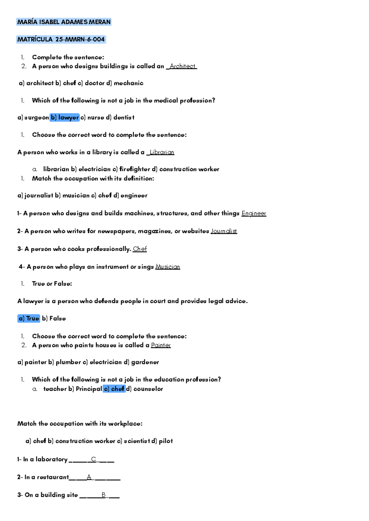 Occupations Quiz: Identifying Jobs and Their Definitions - Studocu