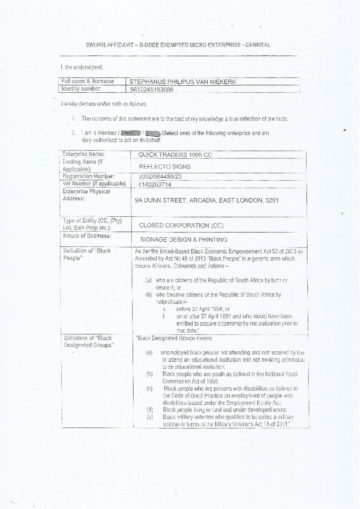Reflecto Signs B-BBEE Affidavit for Micro Enterprise - Studocu