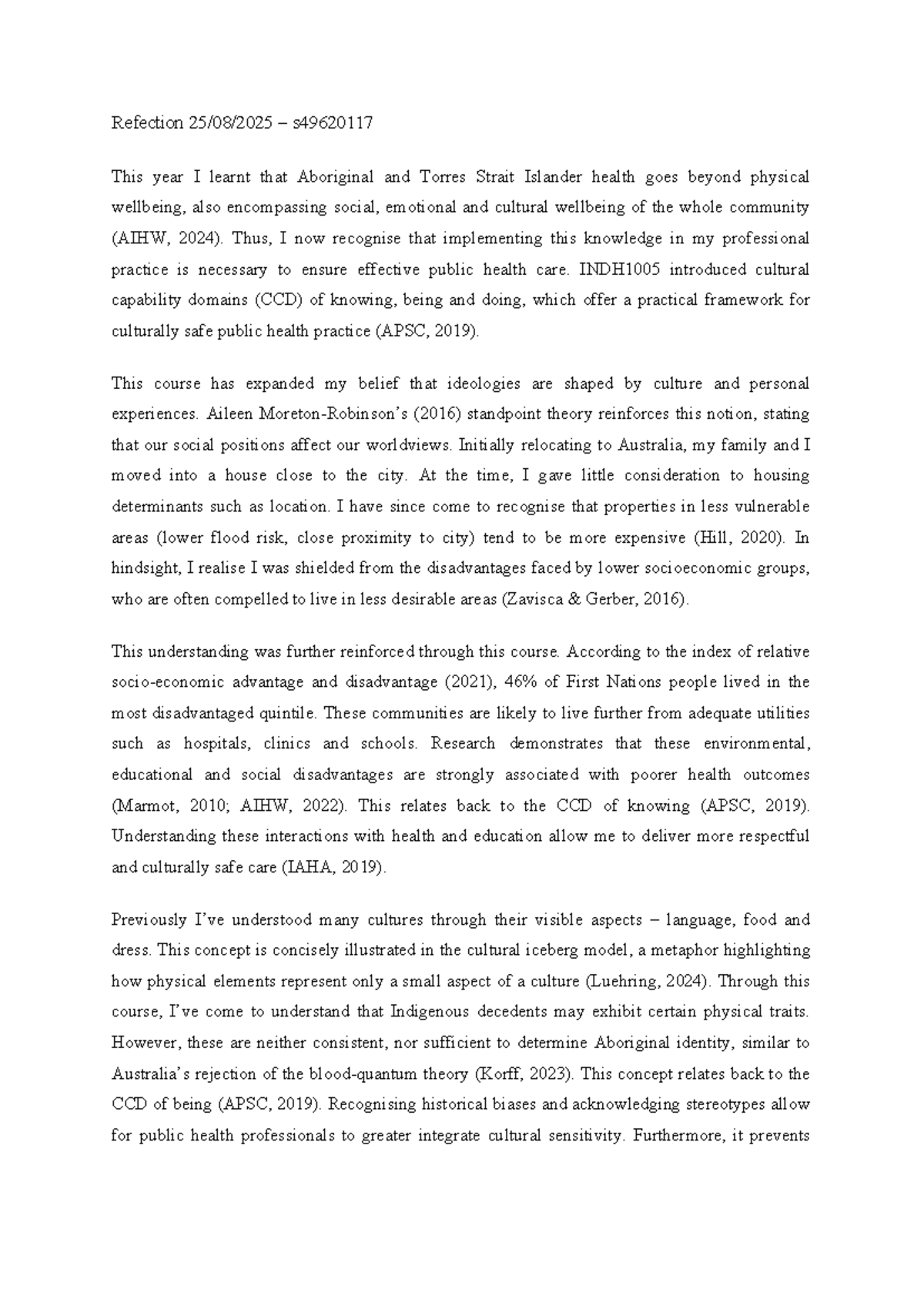 INDH1005 Reflection on Aboriginal Health and Cultural Capability - Studocu