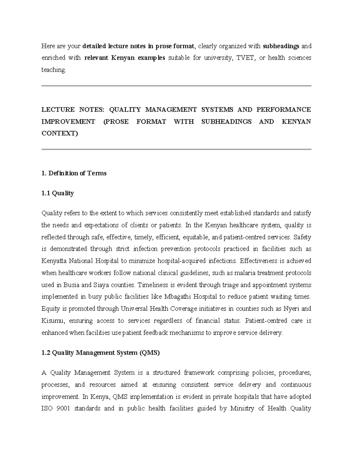 Quality Management Systems and Performance Improvement Notes (QMS 101 ...