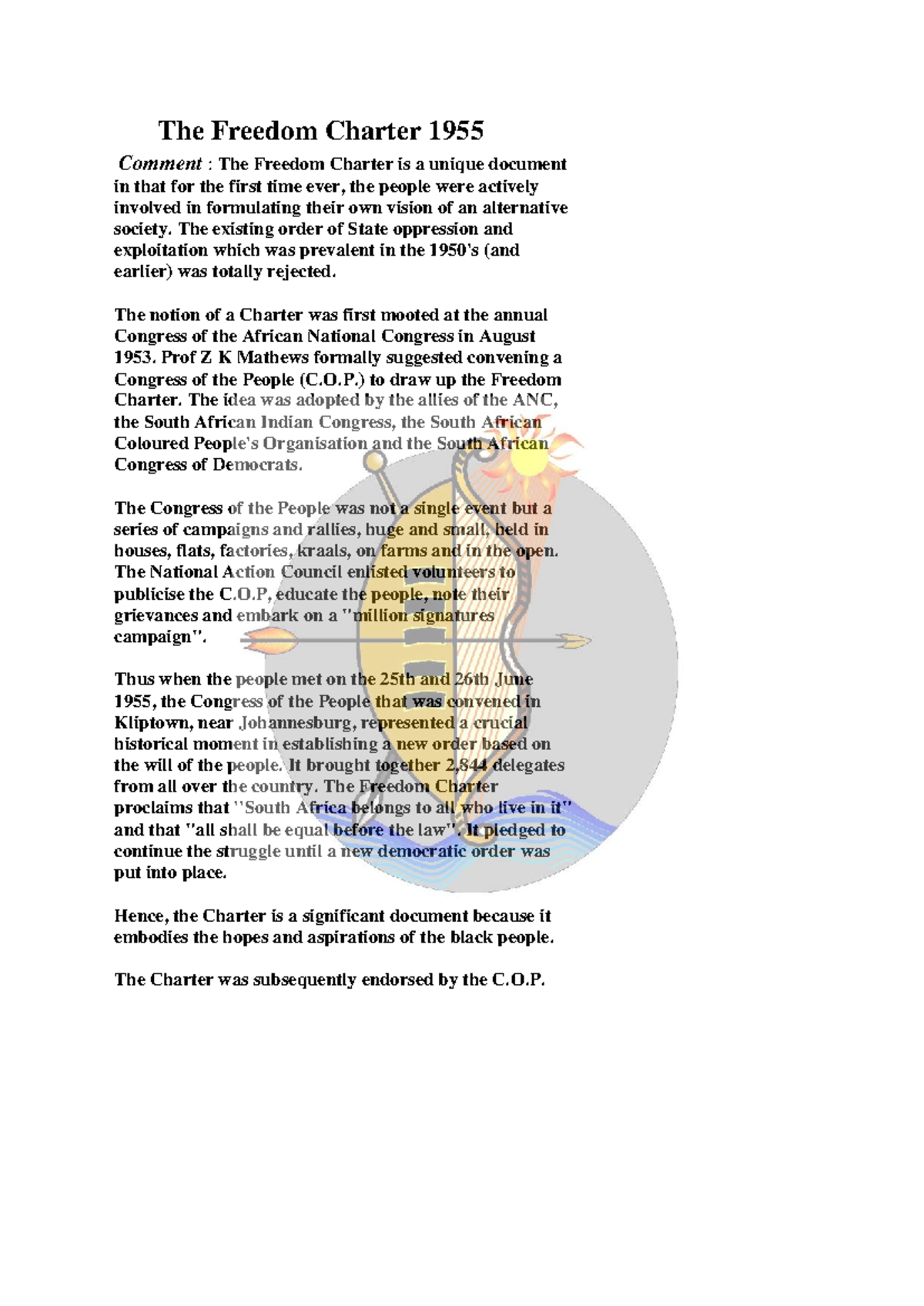 The Freedom Charter 1955 - The Freedom Charter 1955 Comment : The ...