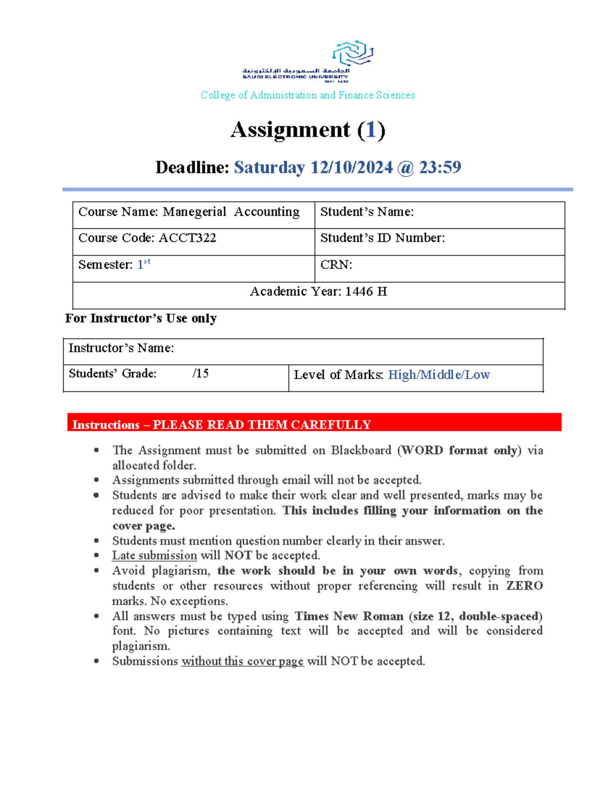 ACCT322 - Managerial Accounting Assignment 1 Guidelines and Questions ...