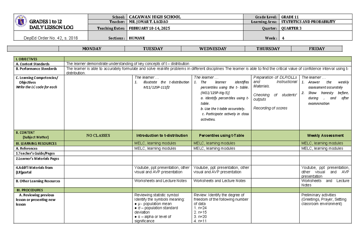 Weekly Lesson Plan for GRADE 11 Statistics & Probability (Q3) - Studocu
