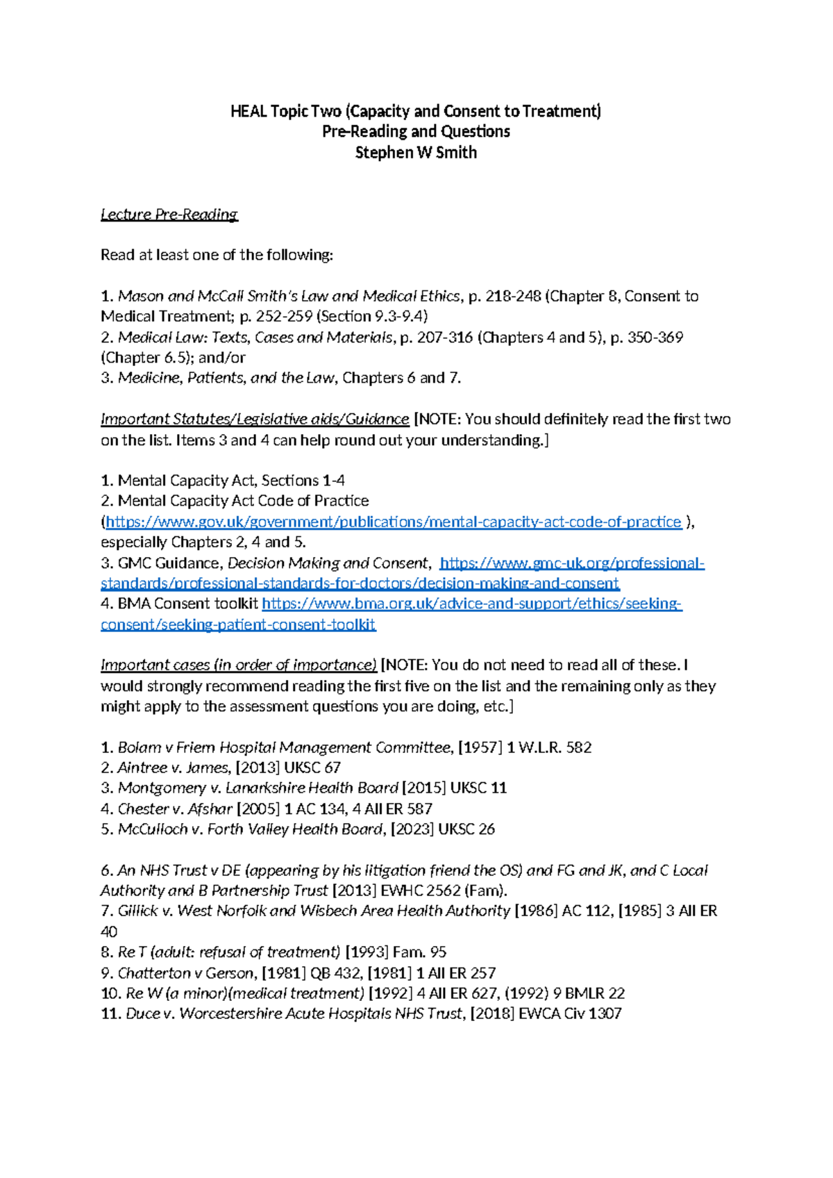 HEAL 2526 Topic Two: Capacity & Consent to Treatment Lecture Notes ...