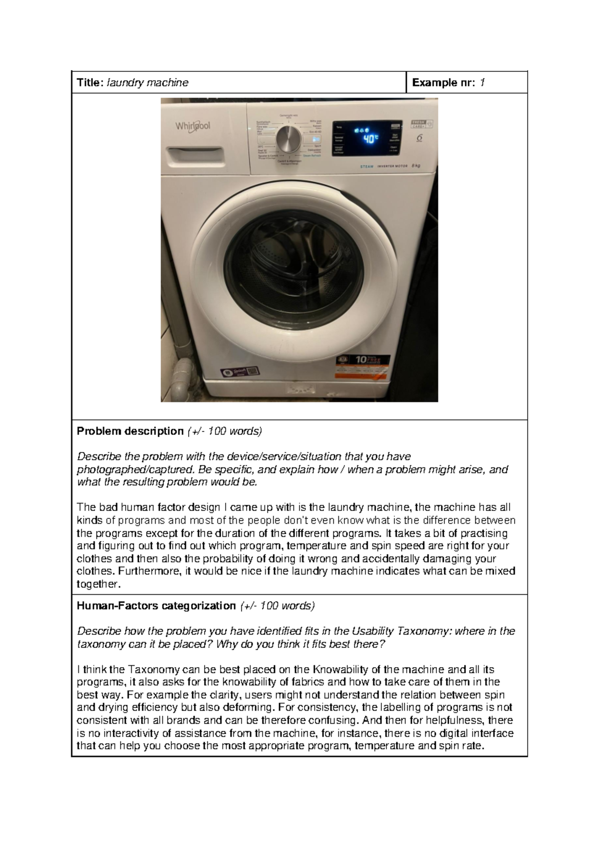 Assignment 1.1 - Analyzing Laundry Machine Design Issues - Studeersnel