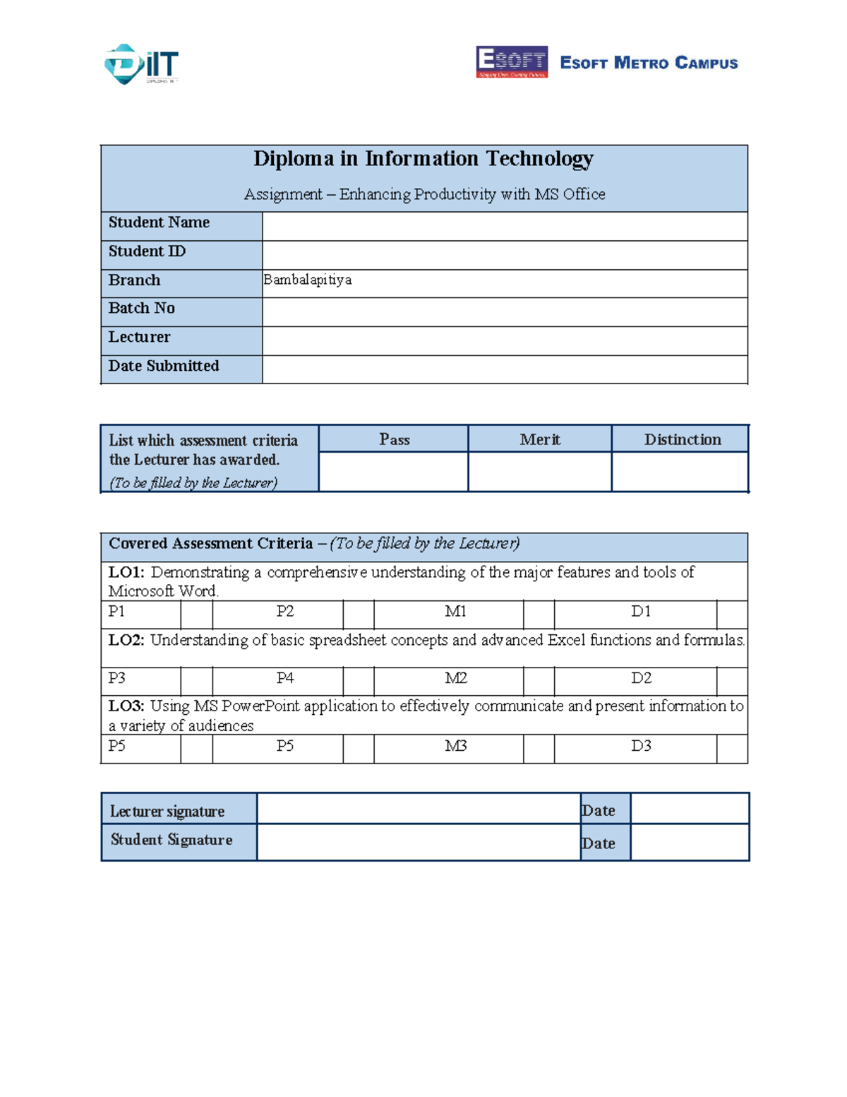 Assignment - Enhancing Productivity with MS Office (DIT 101) - Studocu
