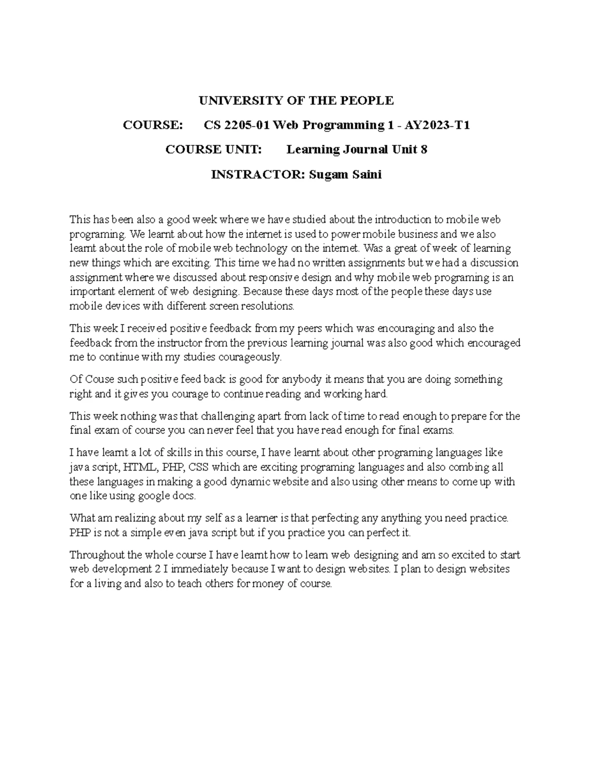 CS 2205 Learning Journal: Reflections on Unit 5 and JavaScript - Studocu