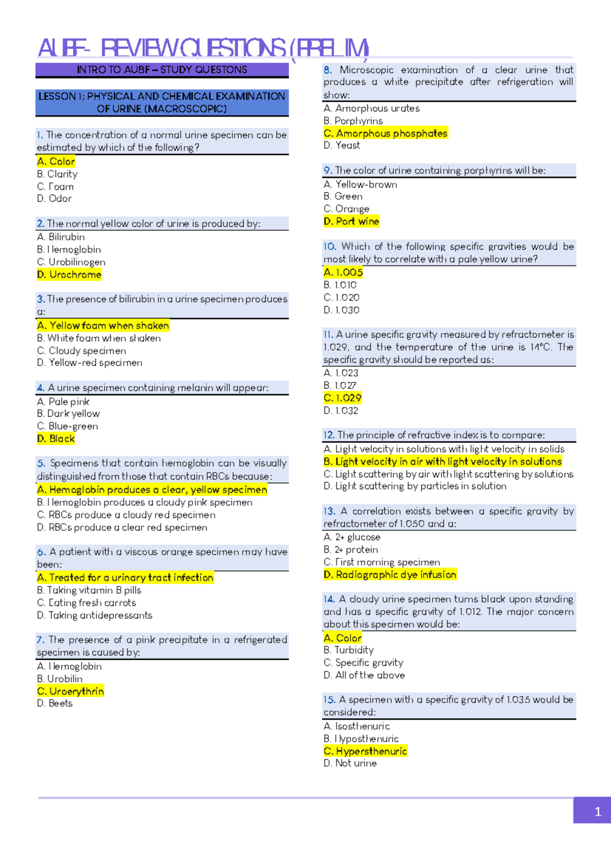 AUBF Prelims Question Bank - Strasinger Urinalysis Lessons - Studocu