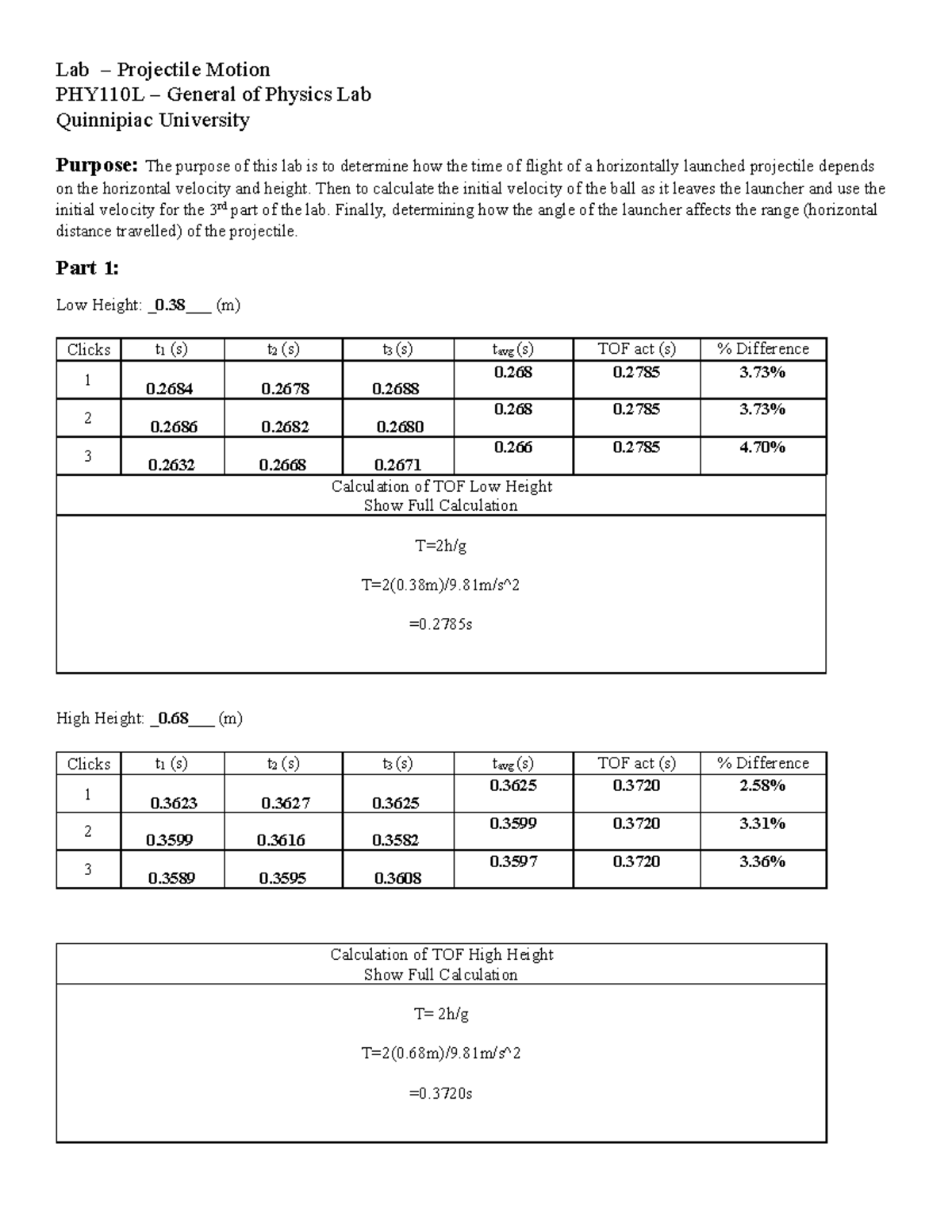PHY110L - Lab 4: Projectile Motion Analysis and Data - Studocu