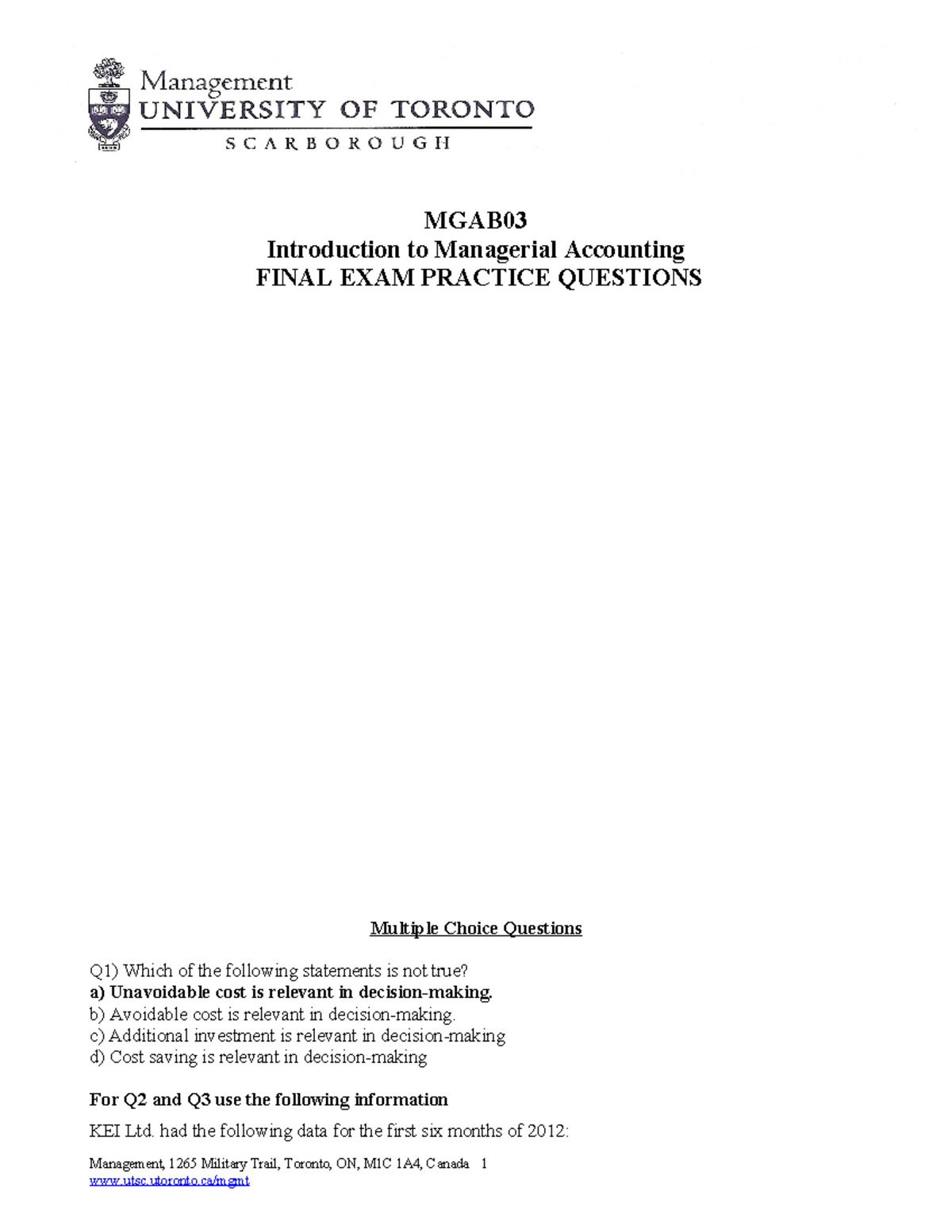 MGAB03 Final Exam Practice Questions for Managerial Accounting - Studocu