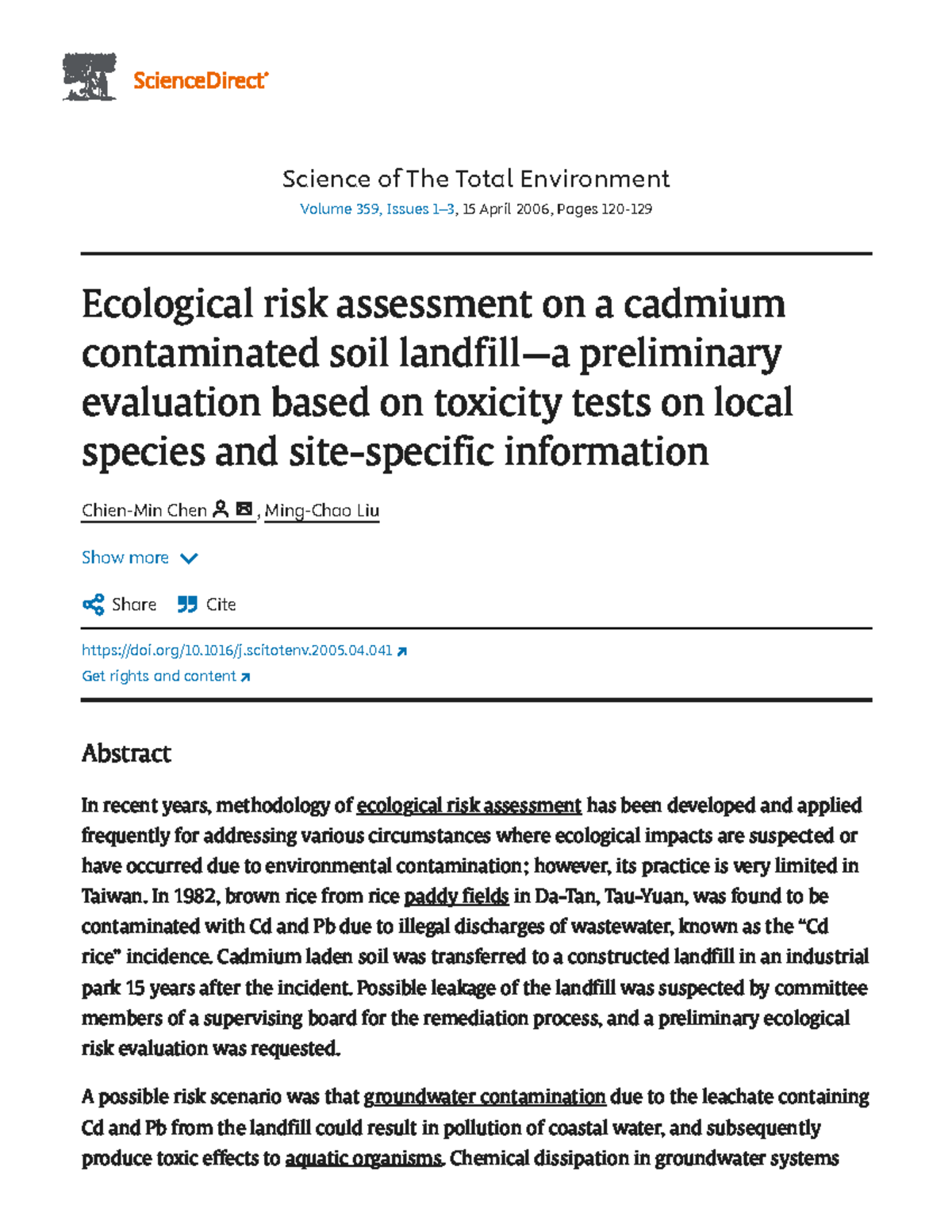 Ecological Risk Assessment of Cadmium Contaminated Soil: A Preliminary ...