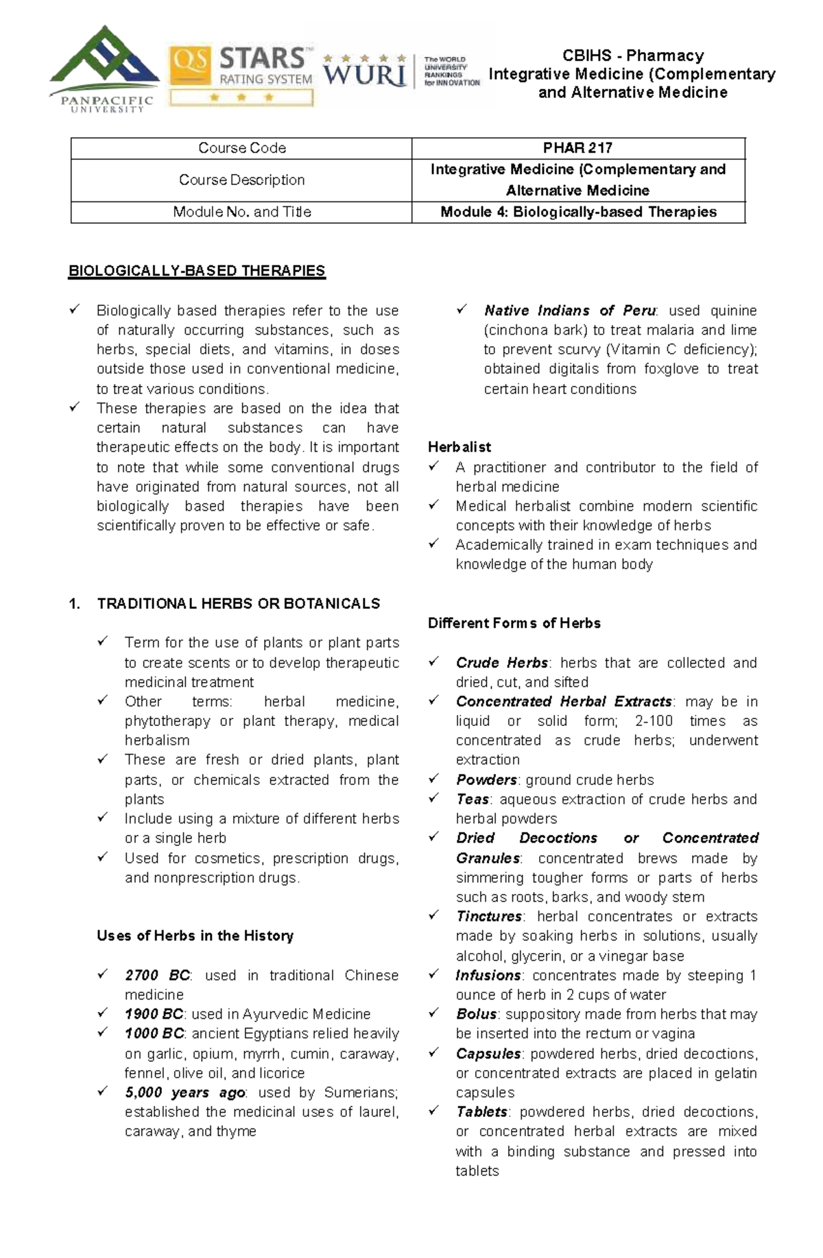 PHAR 217 Module 4: Biologically Based Therapies in Integrative Medicine ...