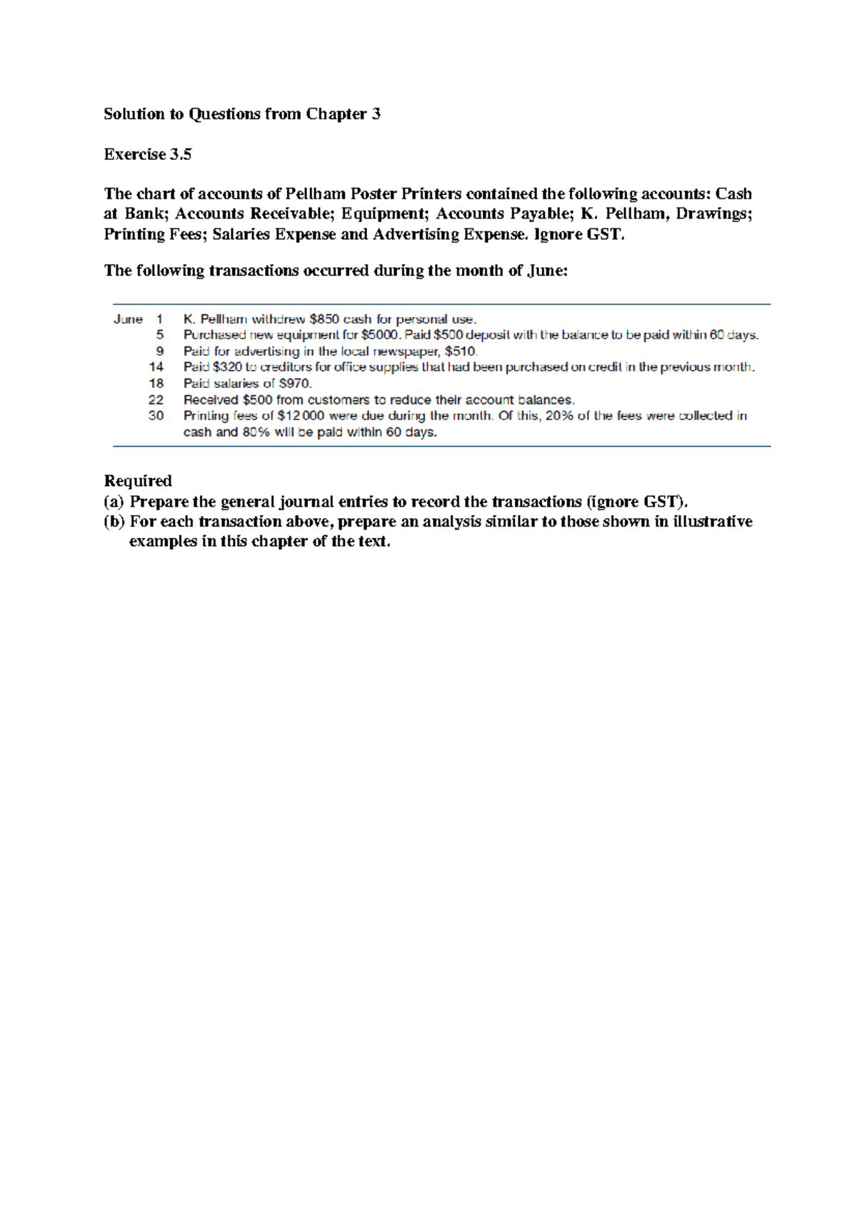 Solutions to questions for Chapter 3 Journal Ledger AND Trial Balance ...