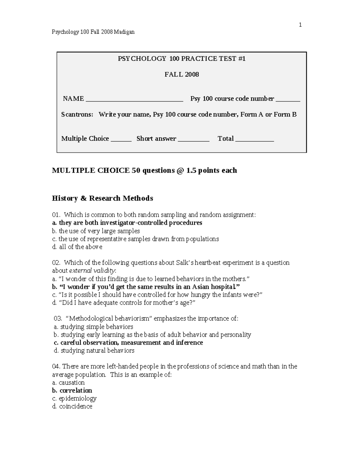 PSY 100 FALL 2008 TEST 1 STUDY GUIDE & PRACTICE QUESTIONS - Studocu
