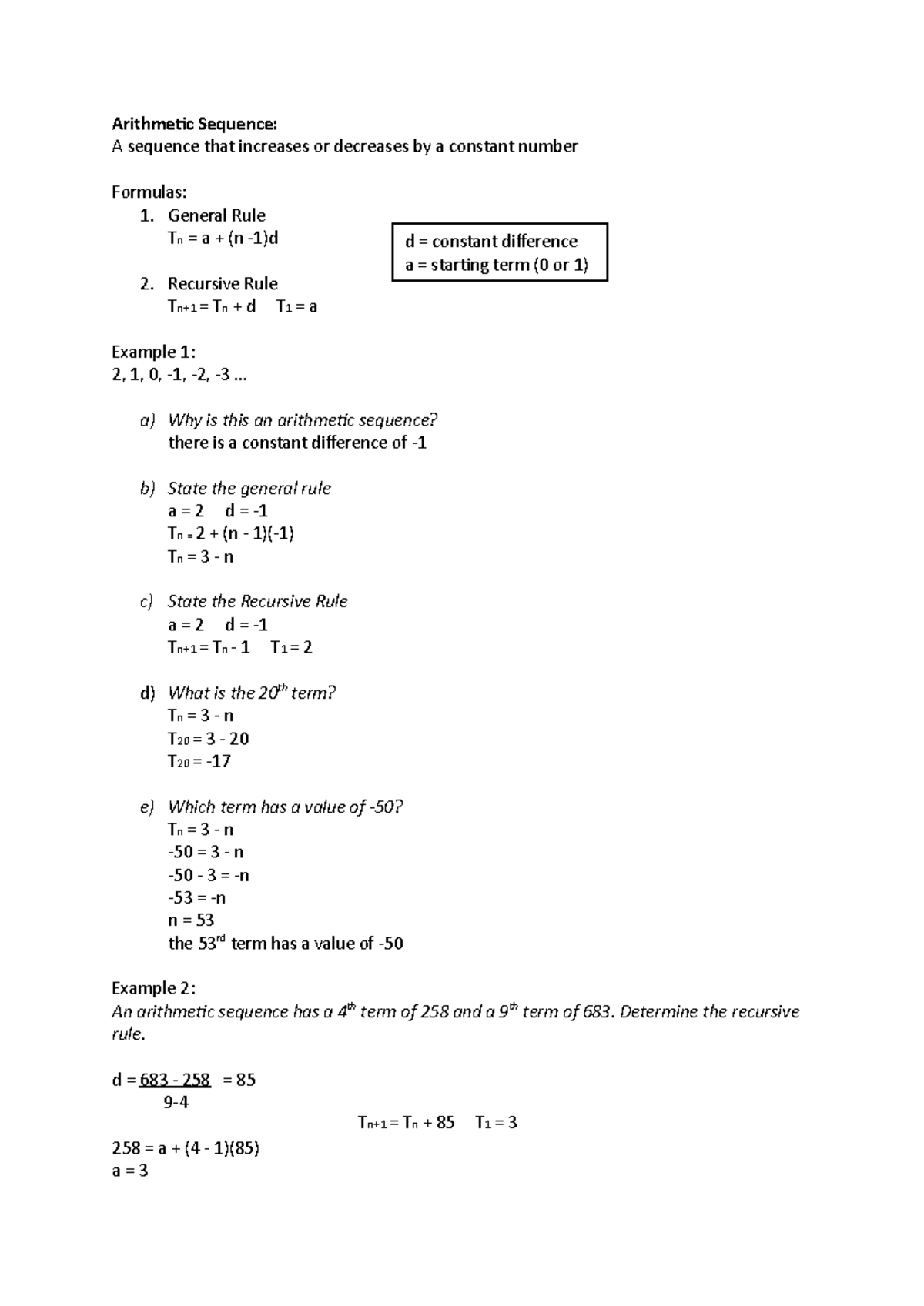 MATH101: Sequences Summary - Notes on Arithmetic & Geometric Sequences ...